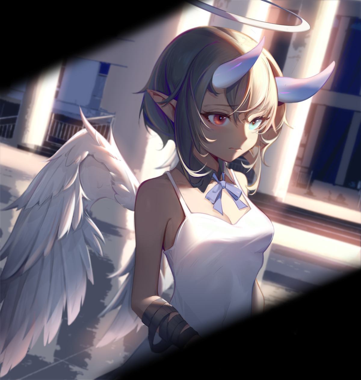 angel, bandages, cleavage, heterochromia, horns, pointy_ears, saw272, wings