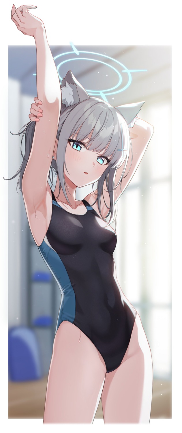 2qba, animal_ears, blue_archive, halo, nekomimi, sunaookami_shiroko, swimsuits, wet