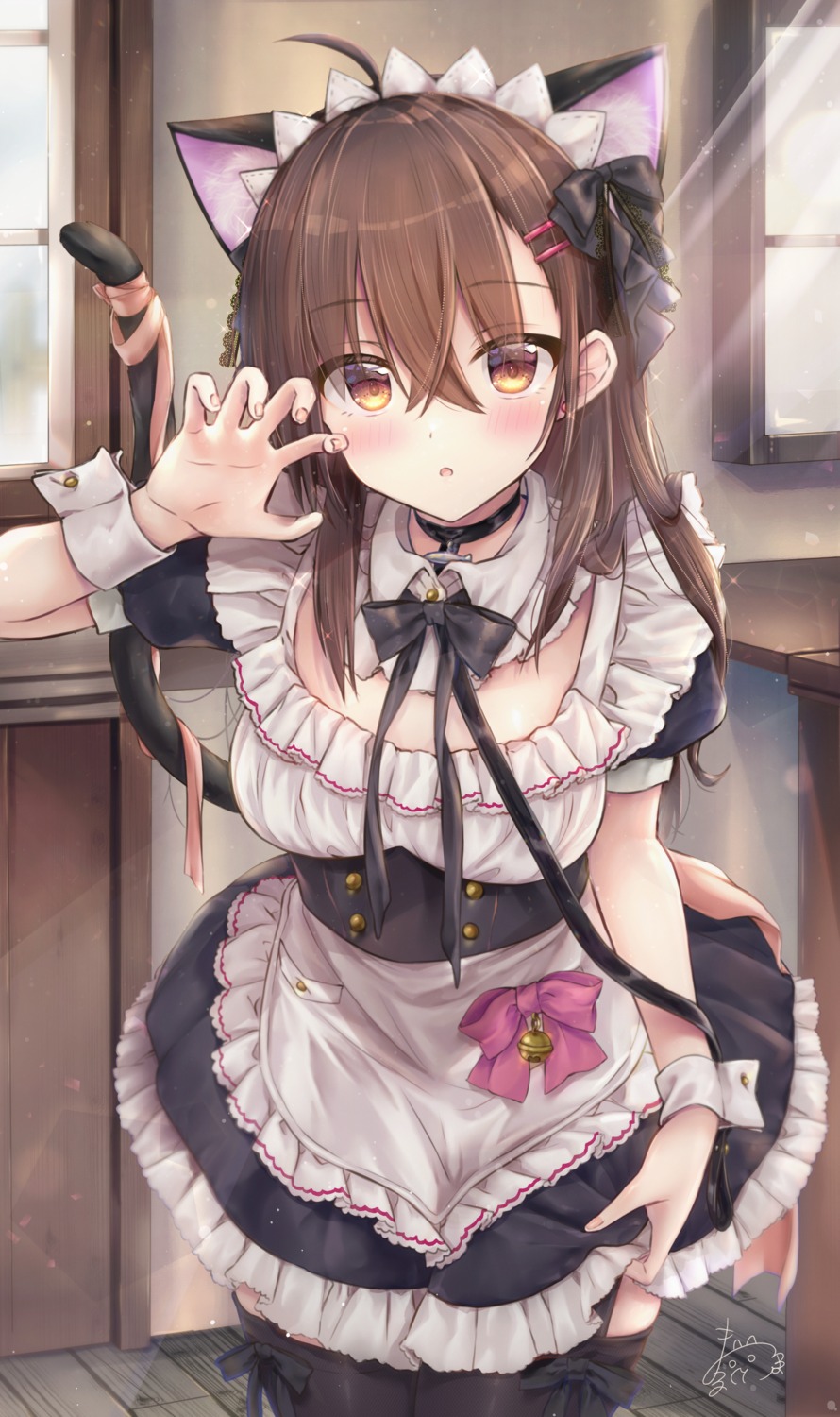animal_ears, maid, maruma_(maruma_gic), nekomimi, stockings, tail, thighhighs, waitress