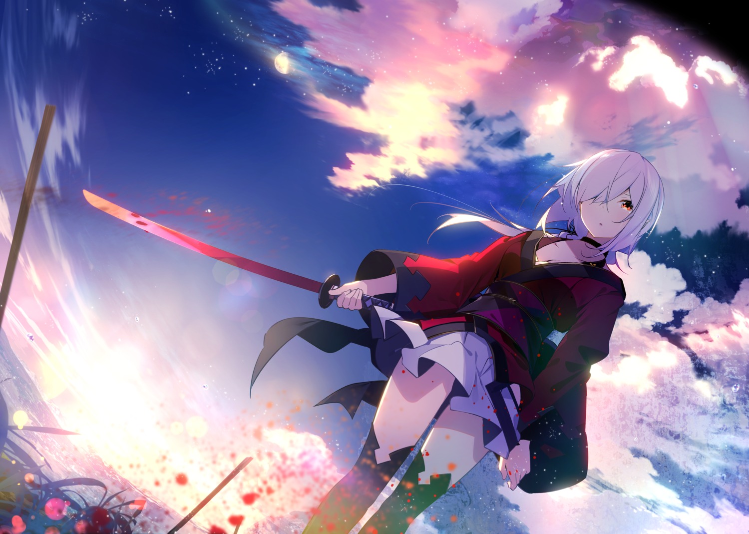 benio_(dontsugel), blood, cleavage, doumeki_(benio), japanese_clothes, open_shirt, skirt_lift, sword