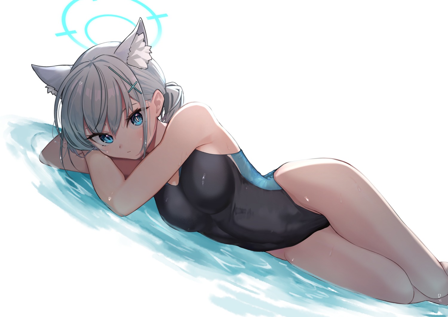 animal_ears, blue_archive, halo, nanana_narang, nekomimi, sunaookami_shiroko, swimsuits, wet