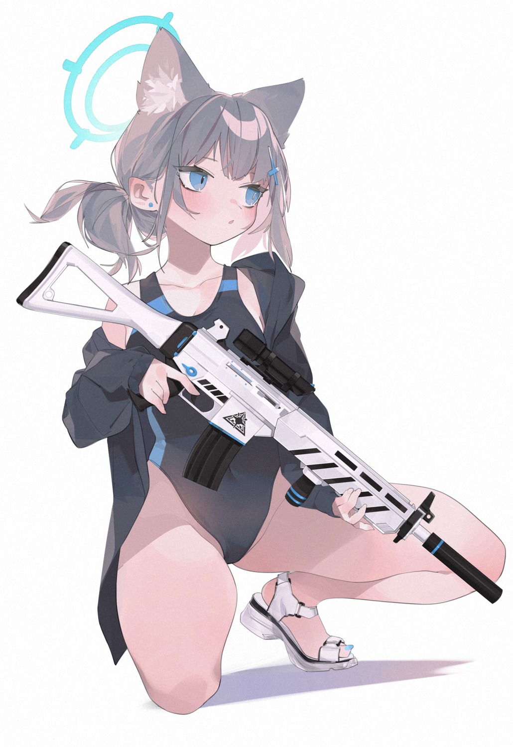 animal_ears, blue_archive, gun, halo, nekomimi, rippootai, sunaookami_shiroko, swimsuits