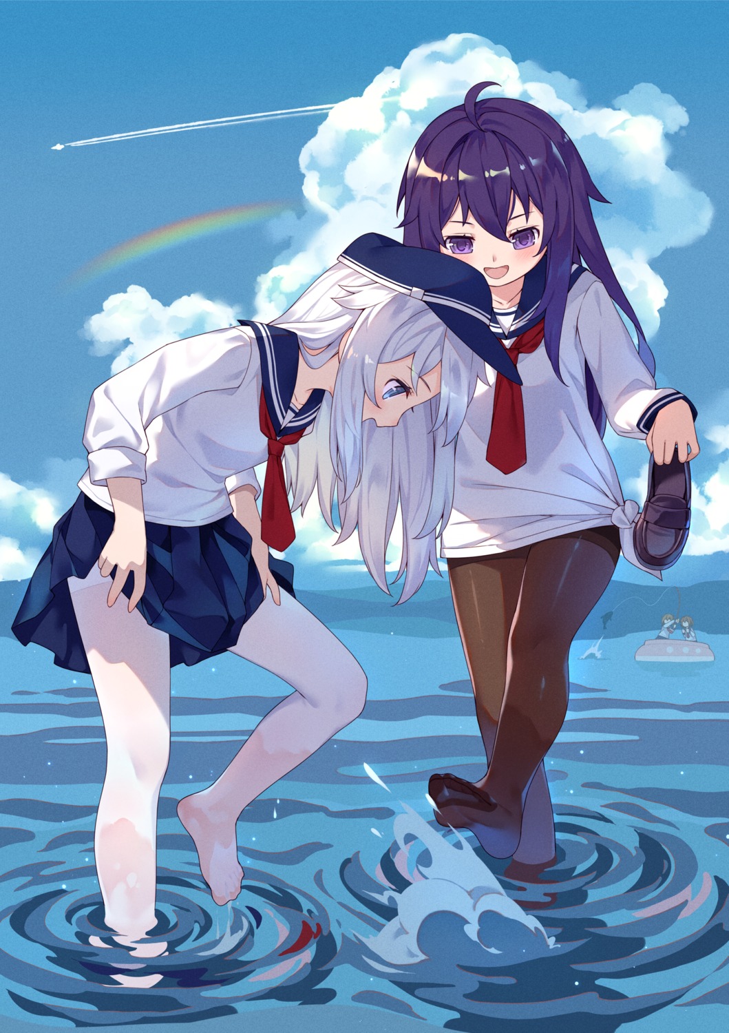 akatsuki_(kancolle), feet, hibiki_(kancolle), kantai_collection, pantyhose, seifuku, skirt_lift, tsubasa_tsubasa