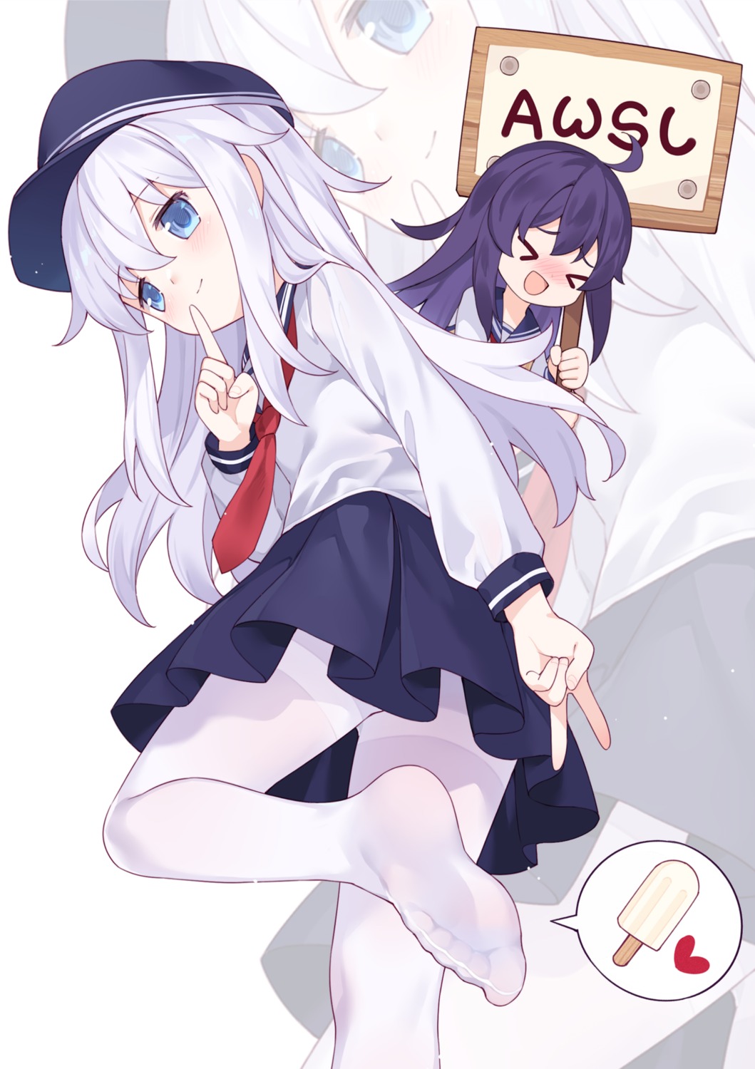 akatsuki_(kancolle), feet, hibiki_(kancolle), kantai_collection, pantyhose, seifuku, skirt_lift, tsubasa_tsubasa