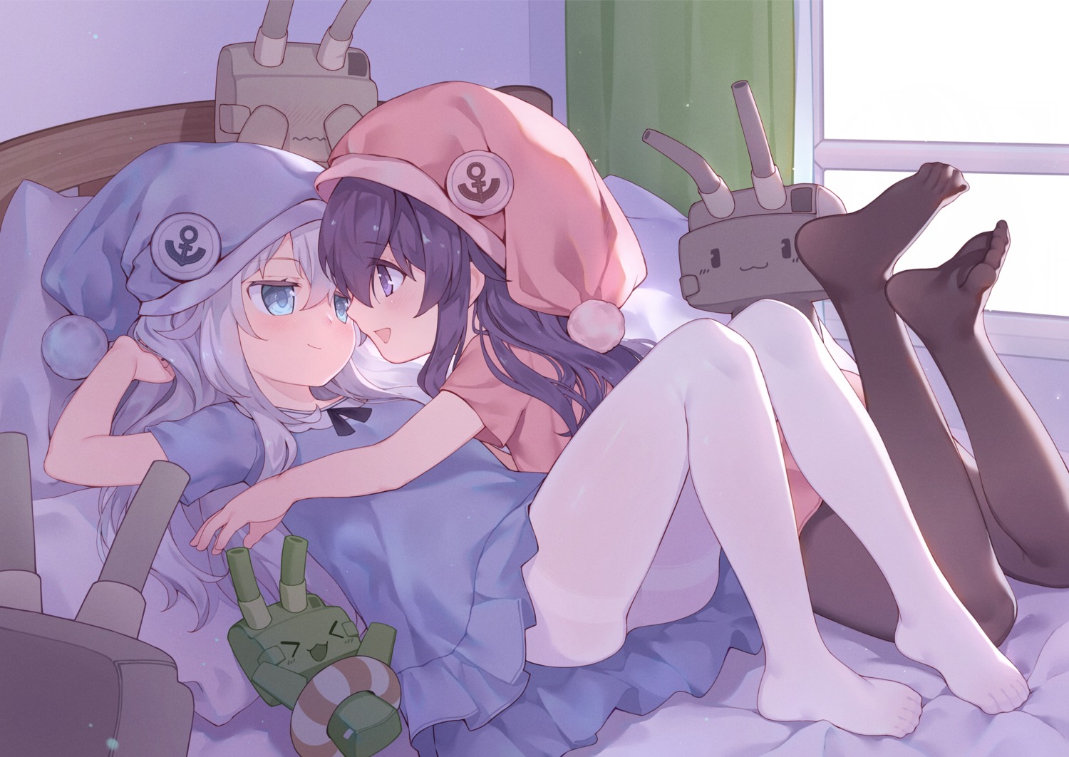 akatsuki_(kancolle), dress, feet, hibiki_(kancolle), kantai_collection, pajama, pantyhose, tsubasa_tsubasa, yuri