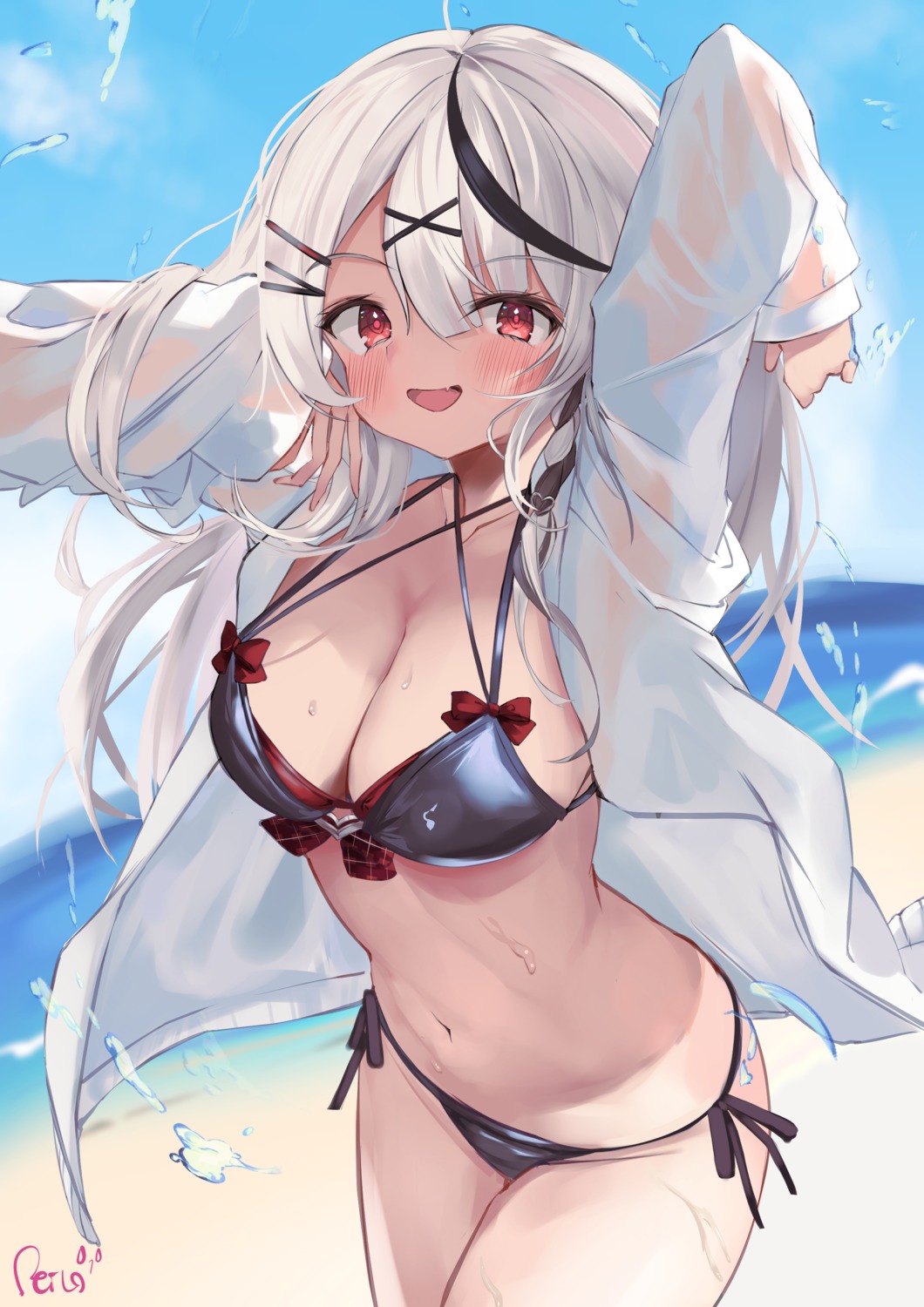 bikini, hololive, open_shirt, reitou_mkn, sakamata_chloe, swimsuits
