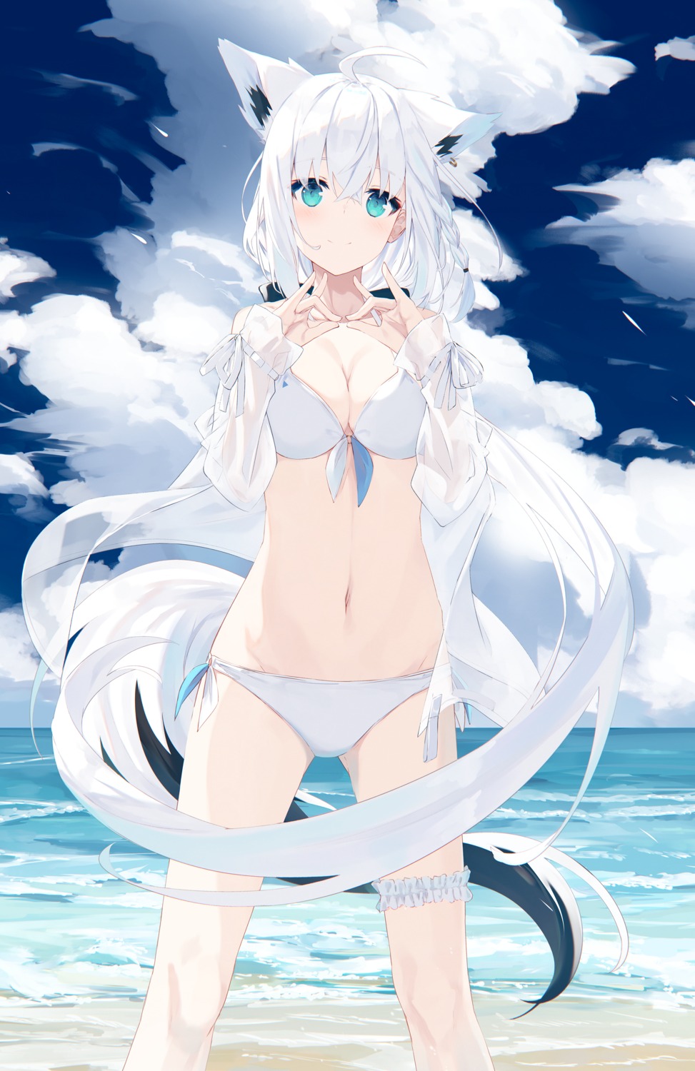 animal_ears, bikini, cleavage, garter, hololive, hololive_gamers, kitsune, nagishiro_mito, open_shirt, see_through, shirakami_fubuki, swimsuits, tail