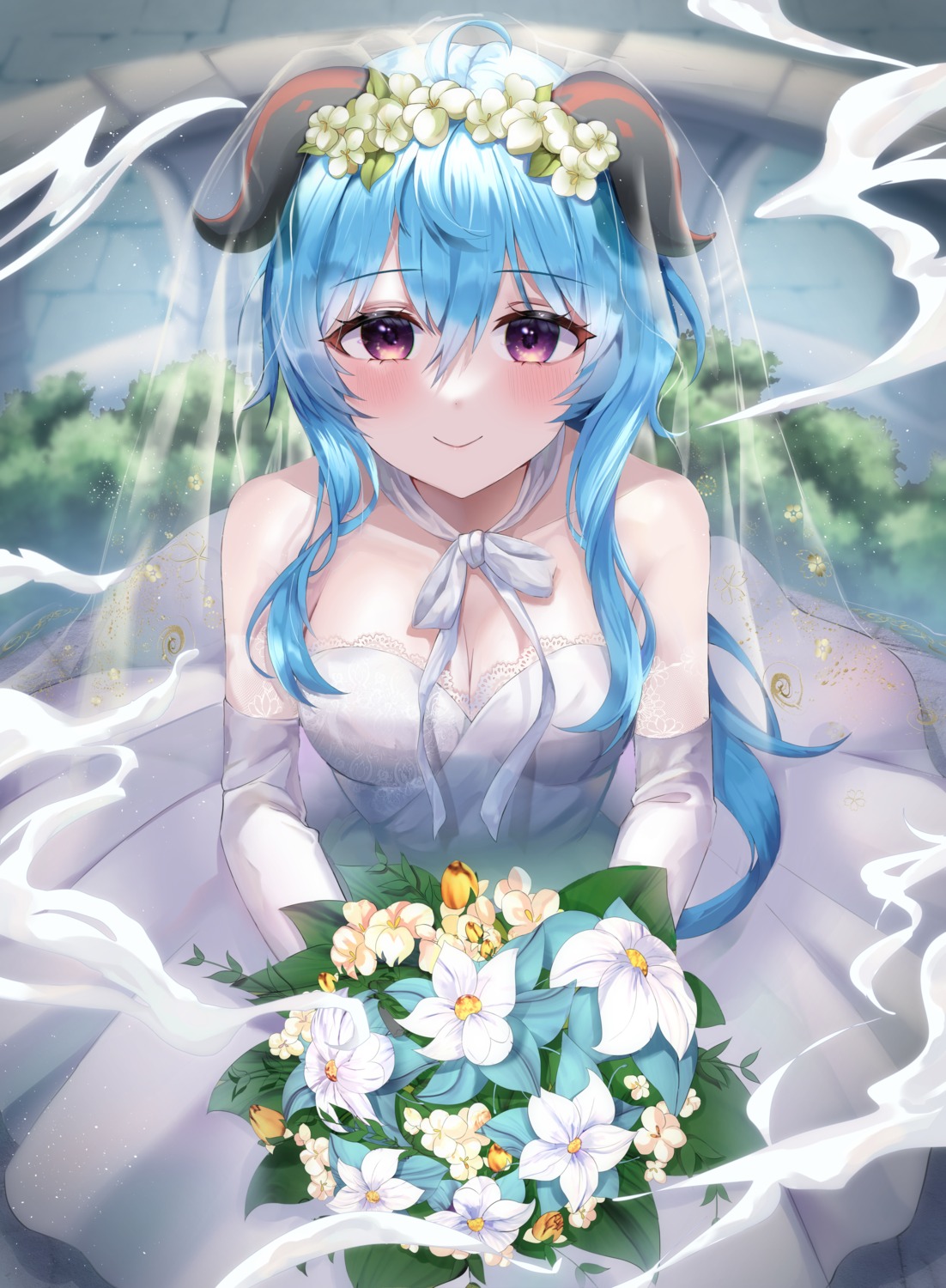 chie_(user_snfh8333), cleavage, dress, ganyu, genshin_impact, horns, no_bra, wedding_dress