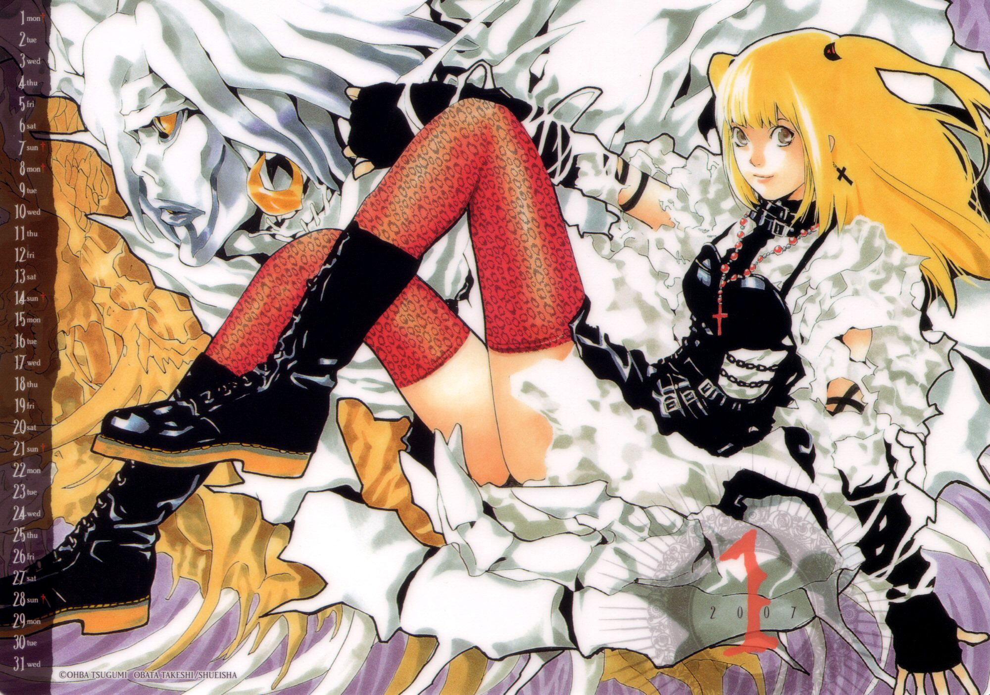 amane_misa, calendar, death_note, obata_takeshi, rem, thighhighs