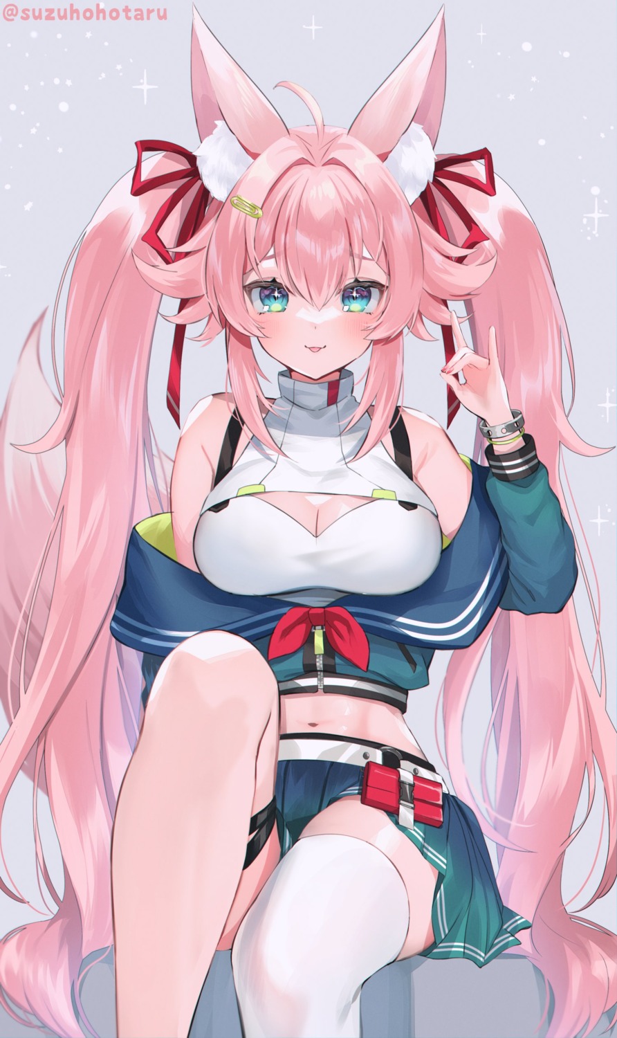 animal_ears, cleavage, garter, seifuku, suzuho_hotaru, thighhighs