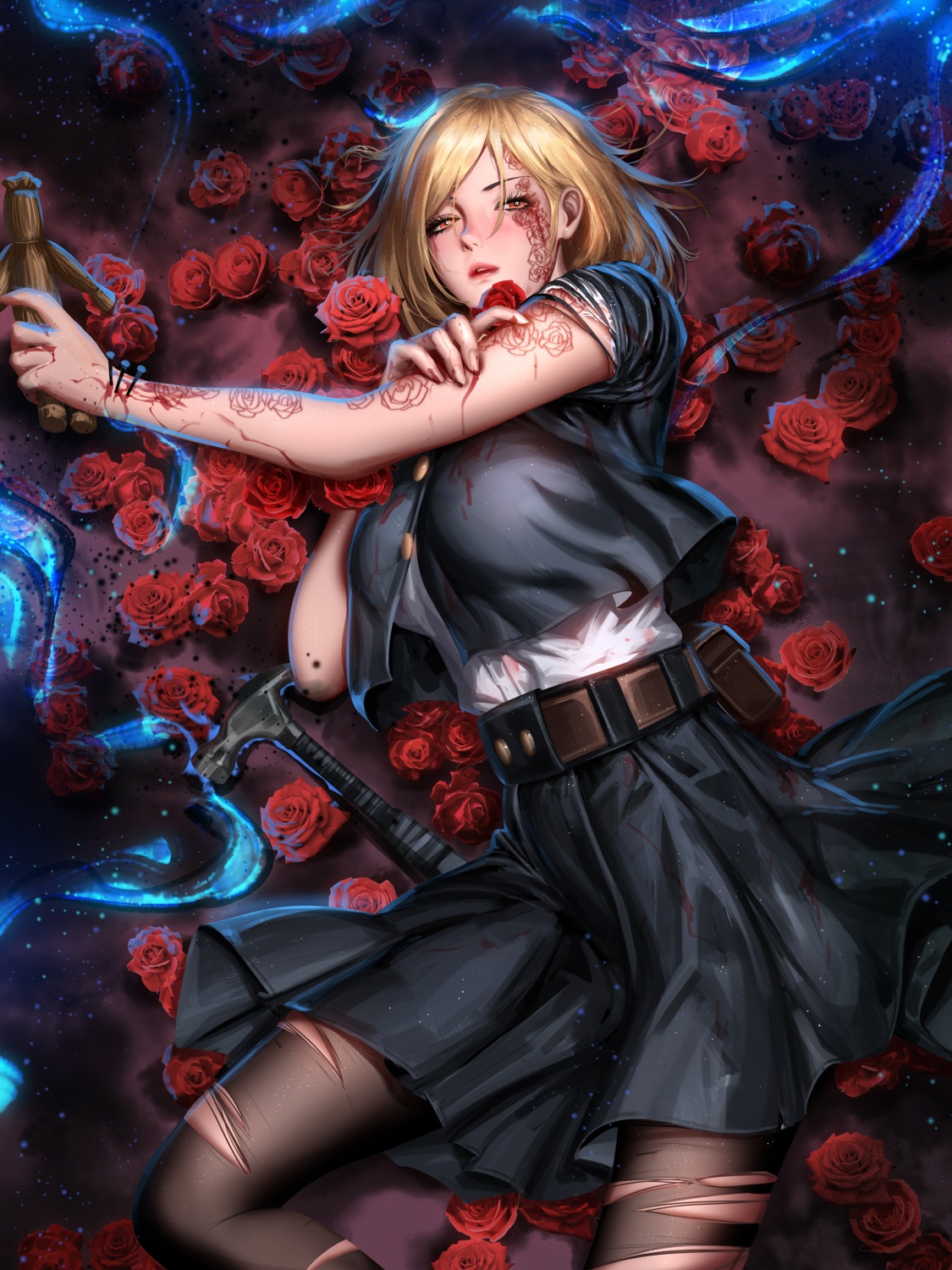 blood, jujutsu_kaisen, kugisaki_nobara, liang_xing, seifuku, tattoo, torn_clothes, wet