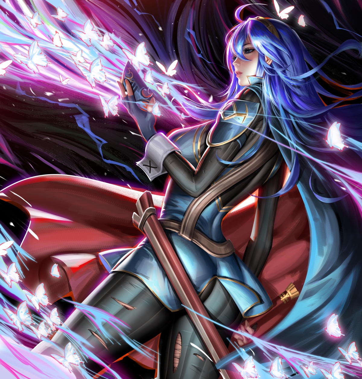 ass, bodysuit, fire_emblem, liang_xing, lucina_(fire_emblem), sword, torn_clothes