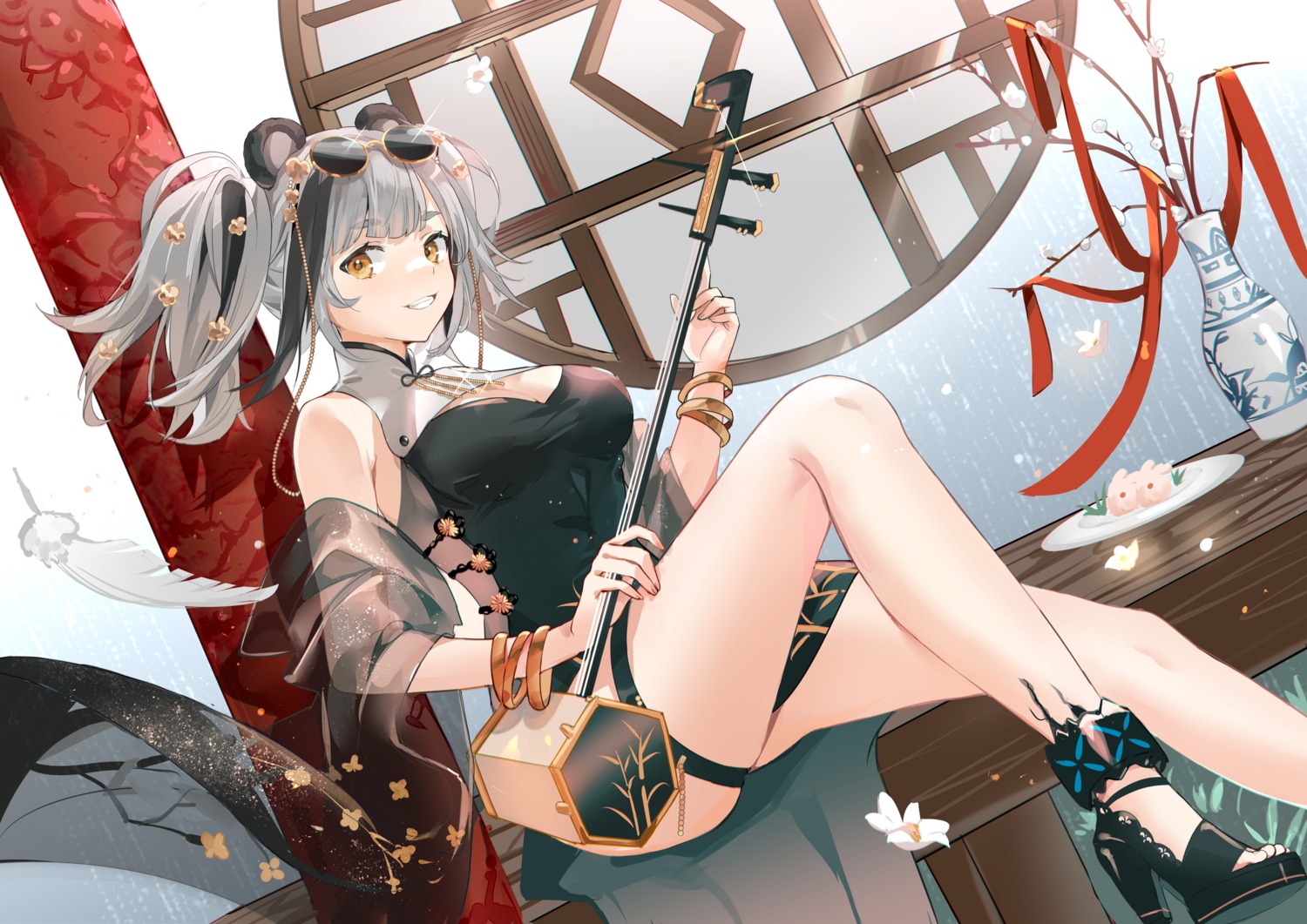 animal_ears, arknights, chinadress, cleavage, feater_(arknights), garter, heels, megane, rero_(bigdoorbig2)