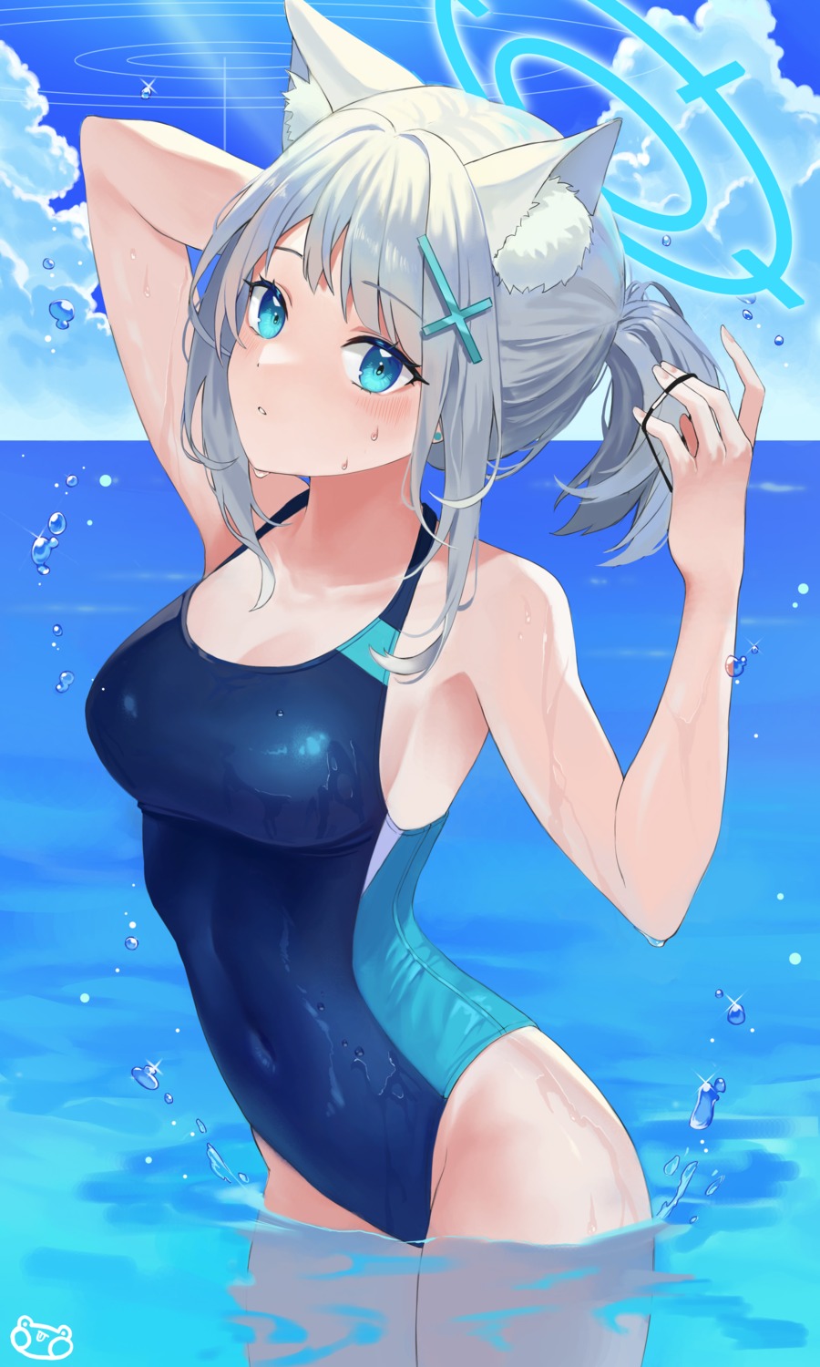 animal_ears, blue_archive, halo, nekomimi, prock, sunaookami_shiroko, swimsuits, wet