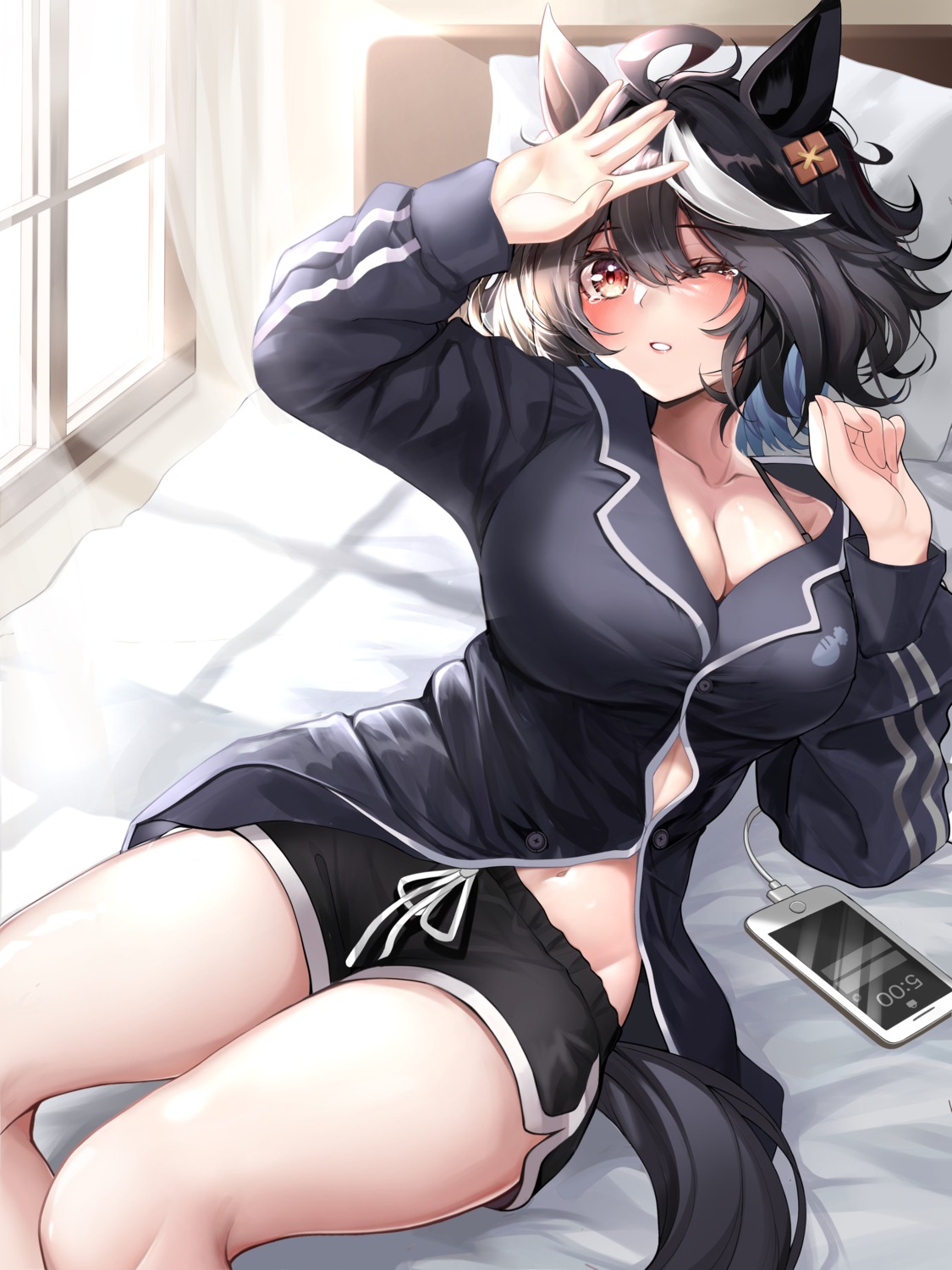 animal_ears, cleavage, kitasan_black_(umamusume), pajama, ryuryu_mt, tail, uma_musume_pretty_derby