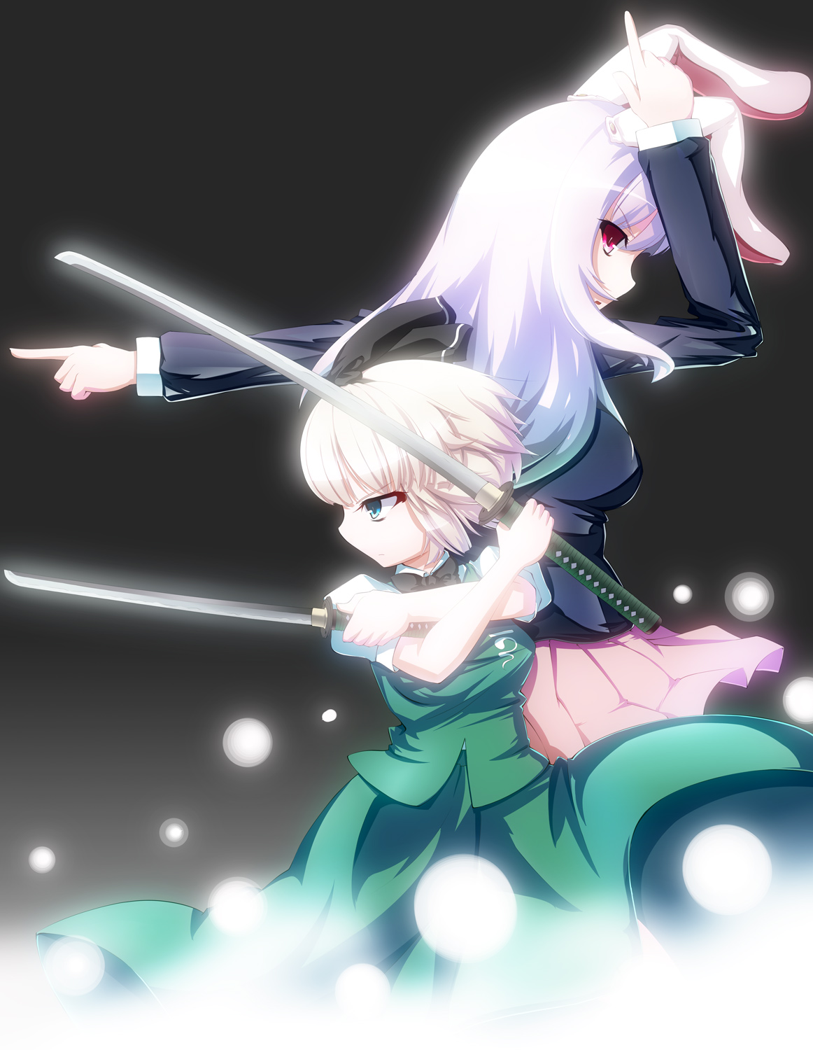 konpaku_youmu, reisen_udongein_inaba, sword, tama_(pixiv), touhou