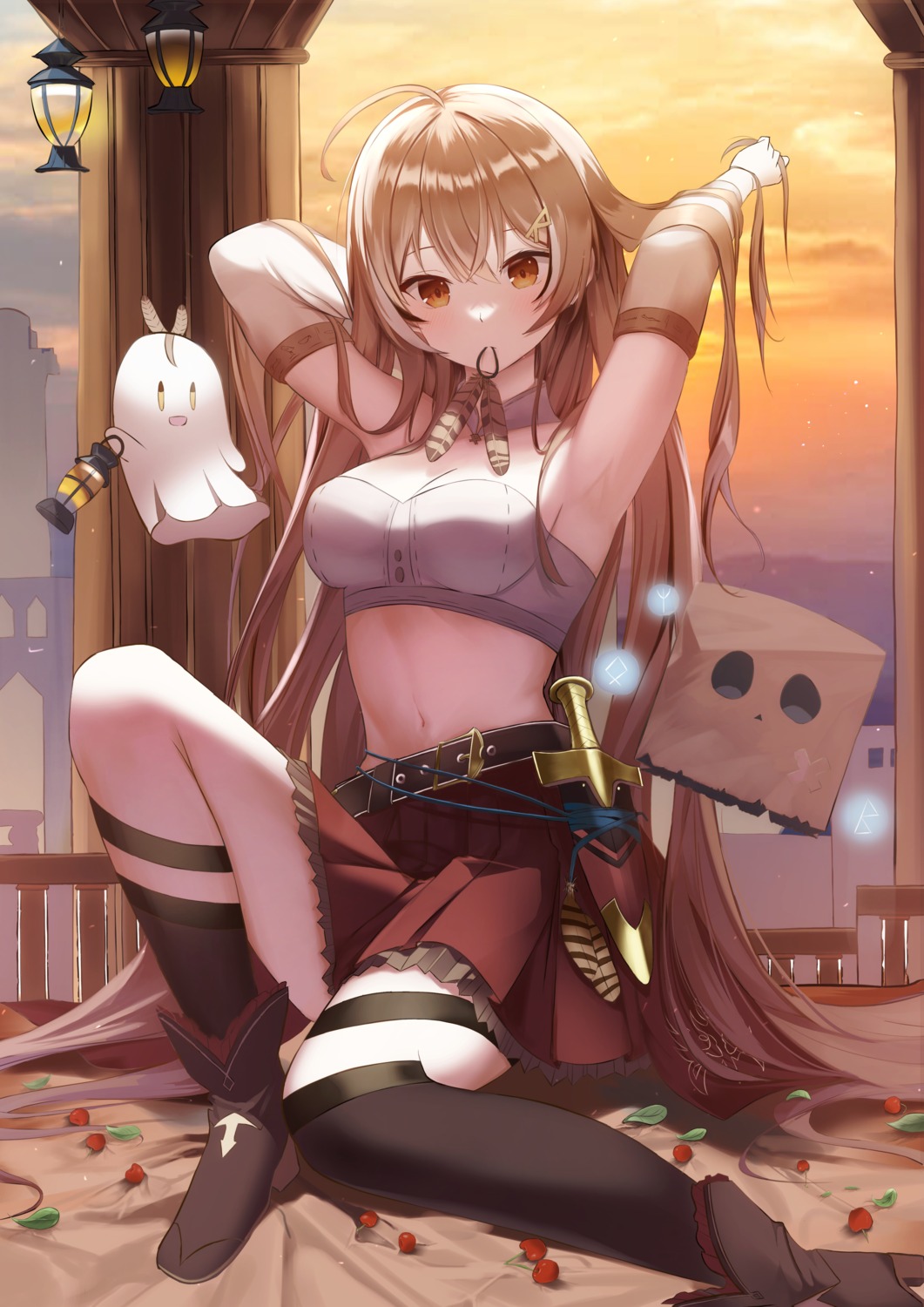 cleavage, finale, garter, heels, hololive, hololive_english, nanashi_mumei, no_bra, skirt_lift, weapon