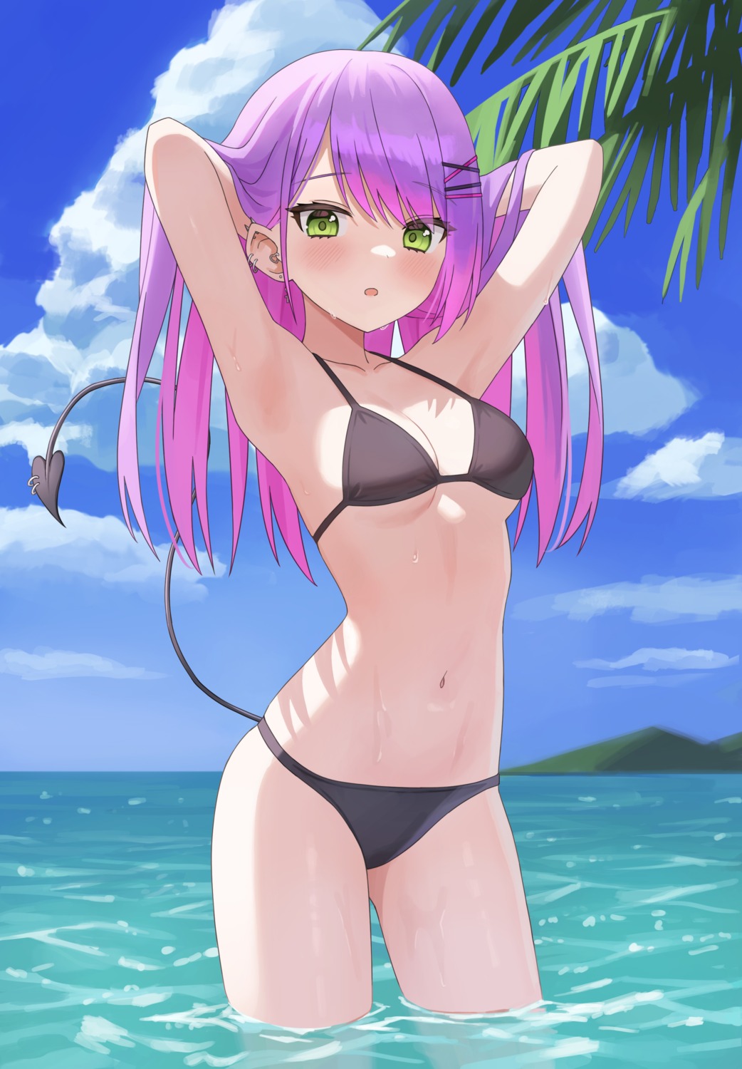 beomko, bikini, hololive, pointy_ears, swimsuits, tail, tokoyami_towa, wet