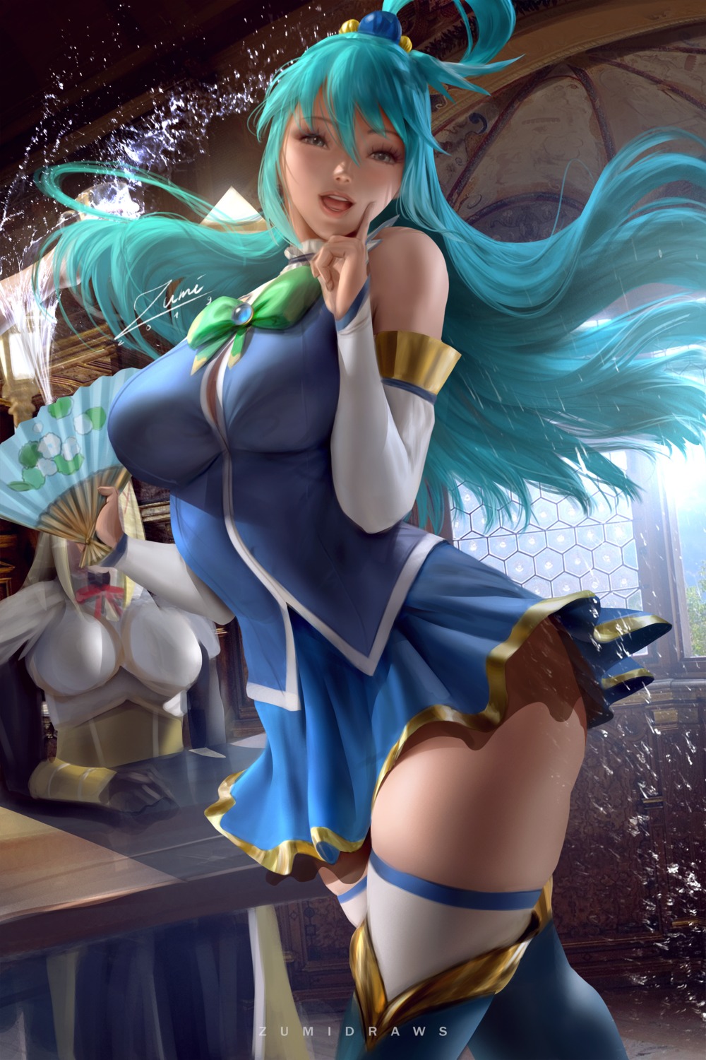 aqua_(konosuba), dress, kono_subarashii_sekai_ni_shukufuku_wo!, thighhighs, zumi_(zumidraws)