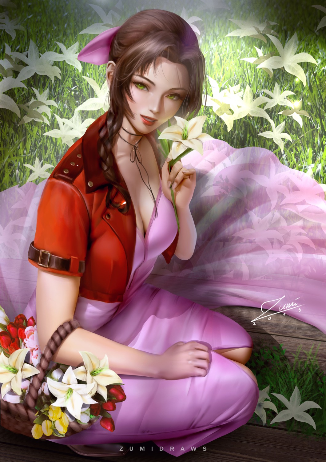 aerith_gainsborough, cleavage, dress, final_fantasy, final_fantasy_vii, no_bra, zumi_(zumidraws)