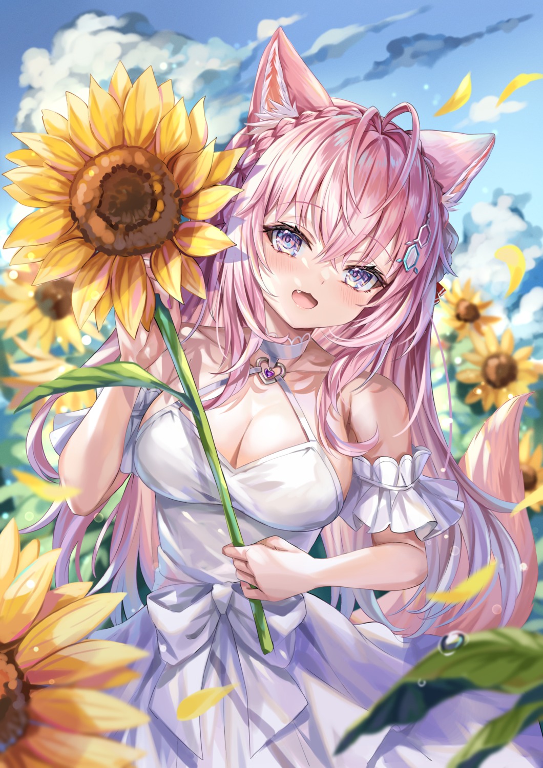 akami770, animal_ears, dress, hakui_koyori, hololive, no_bra, summer_dress