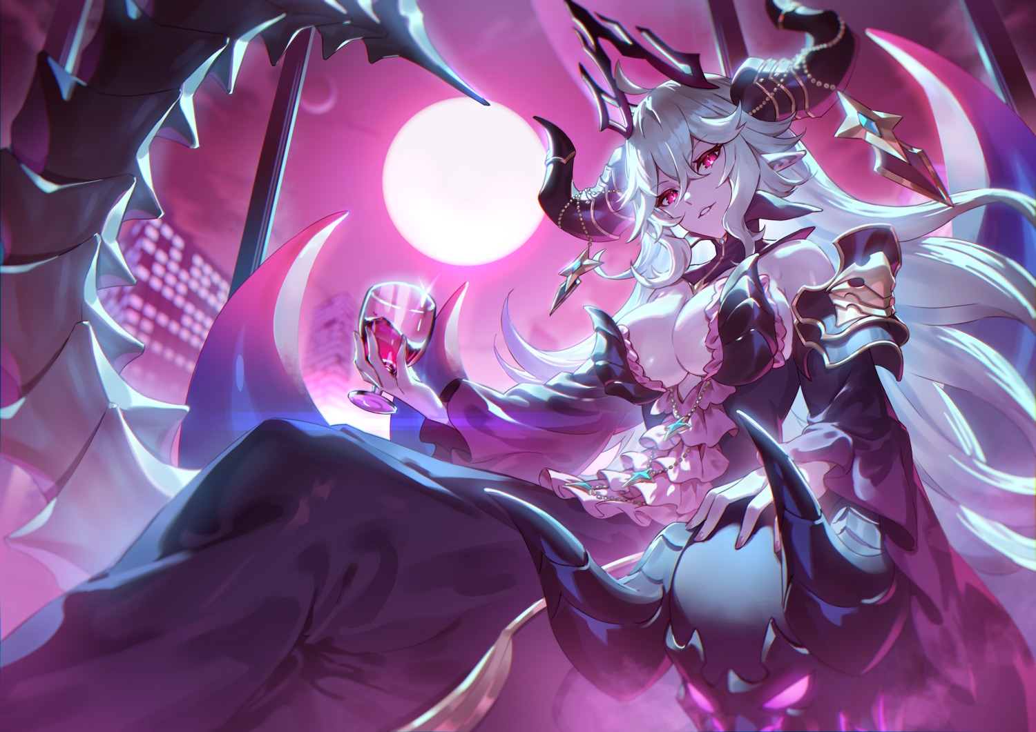 dress, guardian_tales, horns, no_bra, pointy_ears, tagme, tail